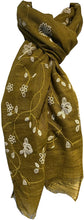 Load image into Gallery viewer, Pamper Yourself Now Mustard with White Embroidered Flowers and Leaf Design Long Scarf/wrap with Frayed Edge