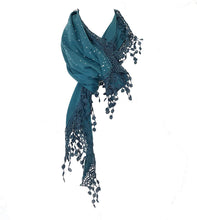 Load image into Gallery viewer, Teal Jersey with sparkle and lace trimmed triangle Scarf Soft Summer Fashion London Fashion Fab Gift