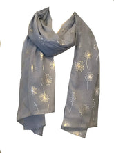 Load image into Gallery viewer, Pamper Yourself Now Sky Blue with Silver Dandelion Design Long Scarf
