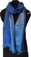 Load image into Gallery viewer, Pamper Yourself Now Blue and Light Blue Reversible 100% Silk Scarf/wrap with Slightly Frayed Edge Lovely Long Scarf