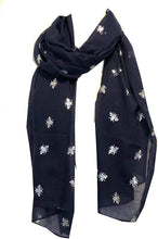 Load image into Gallery viewer, Pamper Yourself Now Navy Blue with Silver Bumble Bees Long Scarf. Great Present/Gift for bee Lovers.