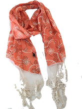 Load image into Gallery viewer, Orange with black flowers and embroidered white flowers with tassels