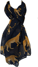 Load image into Gallery viewer, Navy cheetah long soft ladies scarf/wrap. Great present for mum, sister, girlfriend or wife.