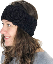 Load image into Gallery viewer, Black woollen machine knitted headband with flower. Warm winter headband