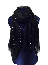 Load image into Gallery viewer, Pamper Yourself Now Black with Beads and Pearls with Frayed Edge Long Soft Scarf/wrap