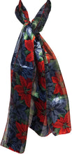 Load image into Gallery viewer, Pamper Yourself Now Blue and red Poinsettia Flower Design Scarf Thin Pretty Christmas Scarf