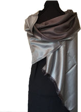 Load image into Gallery viewer, Grey and Dark Grey Reversible 100% Silk Scarf/wrap with Slightly Frayed Edge Lovely Long Scarf