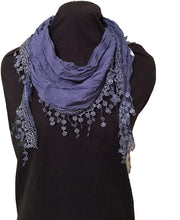 Load image into Gallery viewer, Pamper Yourself Now Blue Cotton lace Trimmed Triangle Scarf