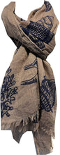 Load image into Gallery viewer, Pamper Yourself Now Beige/Brown with Blue Shells, Star Fish, sea Horse and Fish Under The sea Long Scarf with Frayed Edge.