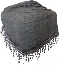 Load image into Gallery viewer, Pamper Yourself Now Light Grey Jersey lace Trimmed Triangle Scarf Soft Summer Fashion London Fashion Fab Gift