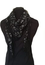 Load image into Gallery viewer, Pamper Yourself Now Black with White Glittery Flower lace Triangle Scarf with lace Trim