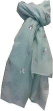 Load image into Gallery viewer, Pamper Yourself Now Aqua Green with Silver Bumble Bees Long Scarf. Great Present/Gift for bee Lovers.
