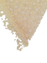 Load image into Gallery viewer, Pamper Yourself Now Creamy Yellow with White Glittery Flower lace Triangle Scarf with lace Trim
