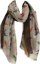 Load image into Gallery viewer, Pamper Yourself Now Beige with Dark Brown Edge Swallow and Feather Scarf Multi Coloured Oversized Soft wrap with Frayed Edge
