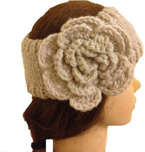 Load image into Gallery viewer, Cream woollen machine knitted headband with flower. Warm winter headband