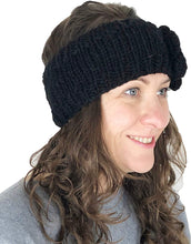 Load image into Gallery viewer, Black woollen machine knitted headband with flower. Warm winter headband