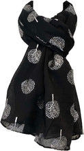 Load image into Gallery viewer, Pamper Yourself Now Black with Silver Foiled Mulberry Tree Design Ladies Scarf/wrap. Great Present for Mum, Sister, Girlfriend or Wife.