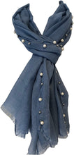 Load image into Gallery viewer, Pamper Yourself Now Denim Blue with Beads and Pearls with Frayed Edge Long Soft Scarf/wrap