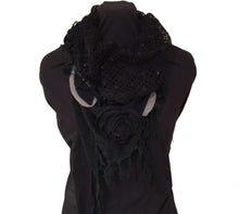 Load image into Gallery viewer, Pamper Yourself Now Black Triangle Scarf with Roses Design and Sequins.