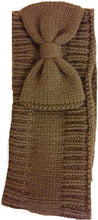 Load image into Gallery viewer, Brown woollen machine knitted headband with bow. Lovely to keep your head warm in the winter.