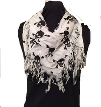 Load image into Gallery viewer, Pamper Yourself Now White with Black Skull and Cross Bone Design Square Scarf