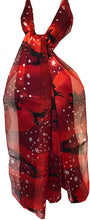 Load image into Gallery viewer, Pamper Yourself Now Red with Snowflakes and Santa on a Sledge Design Thin Pretty Christmas Scarf