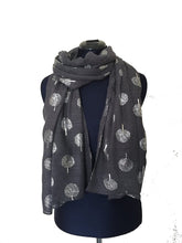 Load image into Gallery viewer, Pamper Yourself Now Dark Grey with Silver Foiled Mulberry Tree Design Ladies Scarf/wrap. Great Present for Mum, Sister, Girlfriend or Wife.