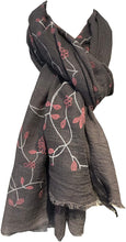 Load image into Gallery viewer, Pamper Yourself Now Grey with Pink Embroidered Flowers and Leaf Design Long Scarf/wrap with Frayed Edge