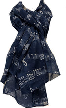 Load image into Gallery viewer, Pamper Yourself Now Big Scarf, Blue with White Music Notes Print Scarf. Lovely Warm Winter Scarf Fantastic Gift
