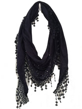 Load image into Gallery viewer, Navy Blue Jersey with sparkle and lace trimmed triangle Scarf Soft Summer Fashion London Fashion Fab Gift