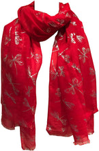 Load image into Gallery viewer, Pamper Yourself Now Red with Silver Foiled Glitter Dragonfly Design Long Scarf/wrap