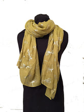 Load image into Gallery viewer, Pamper Yourself Now Mustard with Silver Foiled Glitter Dragonfly Design Long Scarf/wrap