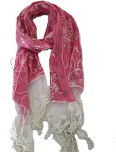 Load image into Gallery viewer, Bright pink with black flowers and embroidered white flowers with tassels