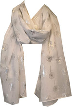 Load image into Gallery viewer, Pamper Yourself Now White with Silver Dandelion Design Long Scarf