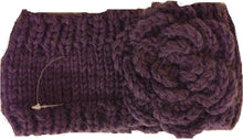 Load image into Gallery viewer, PURPLE woollen machine knitted headband with flower. Warm winter headband