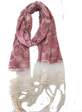 Load image into Gallery viewer, Light pink with black flowers and embroidered white flowers with tassels