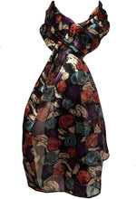Load image into Gallery viewer, Pamper Yourself Now Black with Green, Purple and Pink Small Roses Scarf Shiny Thin Pretty Scarf