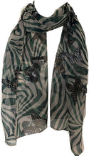 Load image into Gallery viewer, Beige with Green Zebra Animal Print with Butterflies Chiffon Style Thin Scarf.