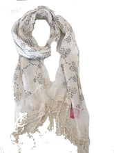 Load image into Gallery viewer, White with black flowers and embroidered white flowers with tassels