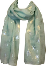 Load image into Gallery viewer, Pamper Yourself Now Aqua Green with Silver Dandelion Design Long Scarf