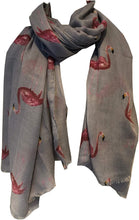 Load image into Gallery viewer, Grey with watercolour flamingo scarf with frayed edge long soft scarf