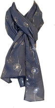 Load image into Gallery viewer, Pamper Yourself Now Denim Blue with Silver Dandelion Design Long Scarf