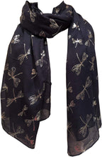 Load image into Gallery viewer, Pamper Yourself Now Navy with Silver Foiled Glitter Dragonfly Design Long Scarf/wrap