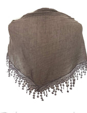 Load image into Gallery viewer, Pamper Yourself Now Beige Jersey lace Trimmed Triangle Scarf Soft Summer Fashion London Fashion Fab Gift