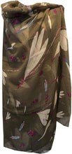 Load image into Gallery viewer, Brown with dragonfly and bugs design long soft scarf, great present/gift.