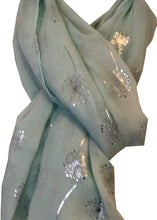 Load image into Gallery viewer, Pamper Yourself Now Aqua Green with Silver Dandelion Design Long Scarf