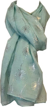 Load image into Gallery viewer, Pamper Yourself Now Aqua Green with Silver Dandelion Design Long Scarf