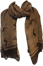 Load image into Gallery viewer, Pamper Yourself Now Brown with Brown Reindeer Design Scarf with Border. Lovely Long Soft Scarf Fantastic Gift
