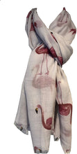 Load image into Gallery viewer, White with watercolour flamingo scarf with frayed edge long soft scarf