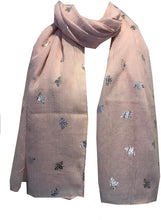 Load image into Gallery viewer, Pamper Yourself Now Baby Pink with Silver Bumble Bees Long Scarf. Great Present/Gift for bee Lovers.
